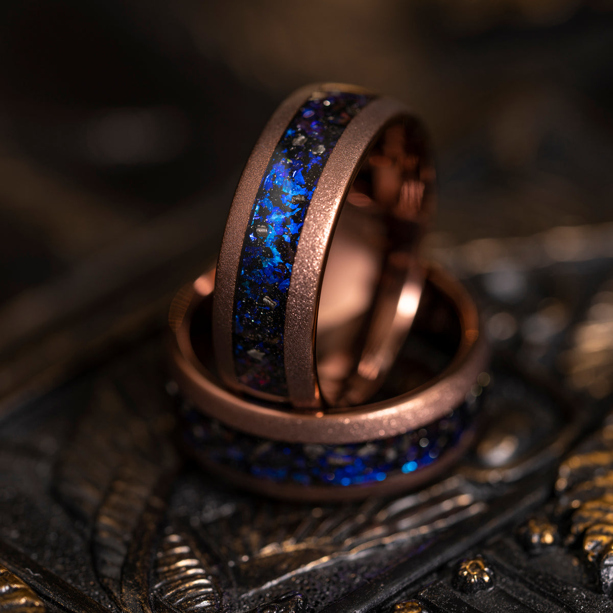 &quot;Zeus&quot; Domed Nebula Ring- Meteorite and Opal- Smoked Rose Gold 8mm