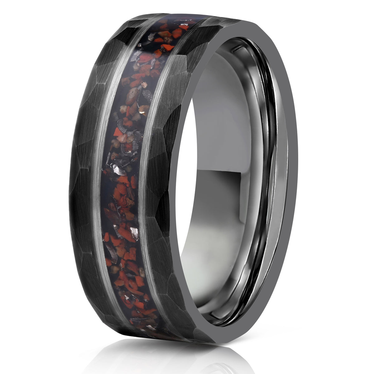"Perseus" Black/Silver Hammered Tungsten Carbide Ring- Dinosaur Bones and Meteorite- 6mm/8mm