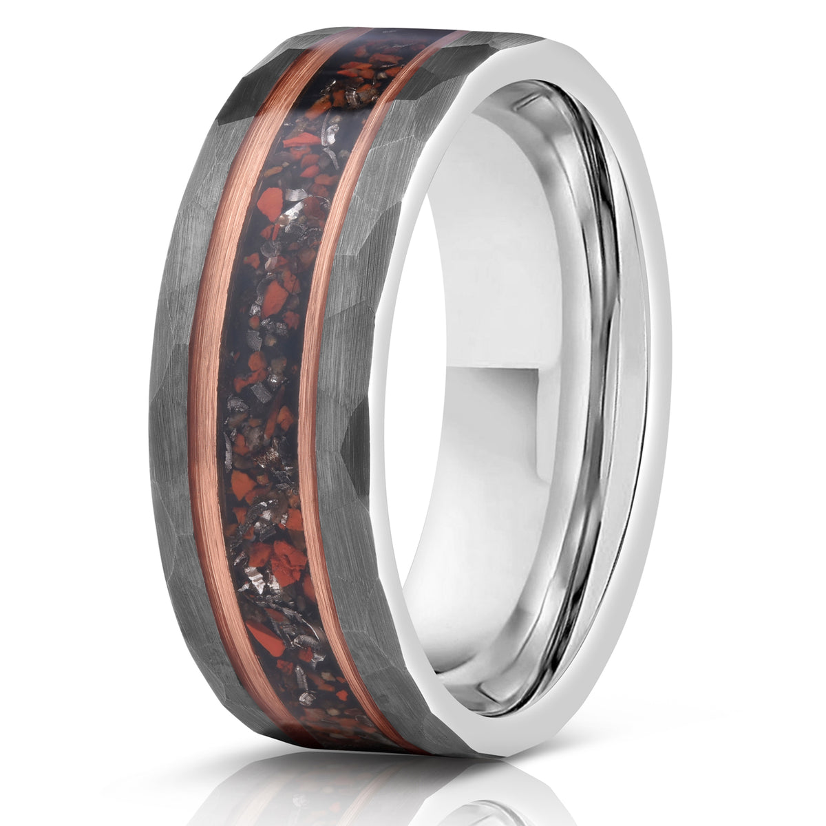 "Perseus" Grey/Rose Hammered Tungsten Carbide Ring- Dinosaur Bones and Meteorite- Grey/Rose- 6mm/8mm