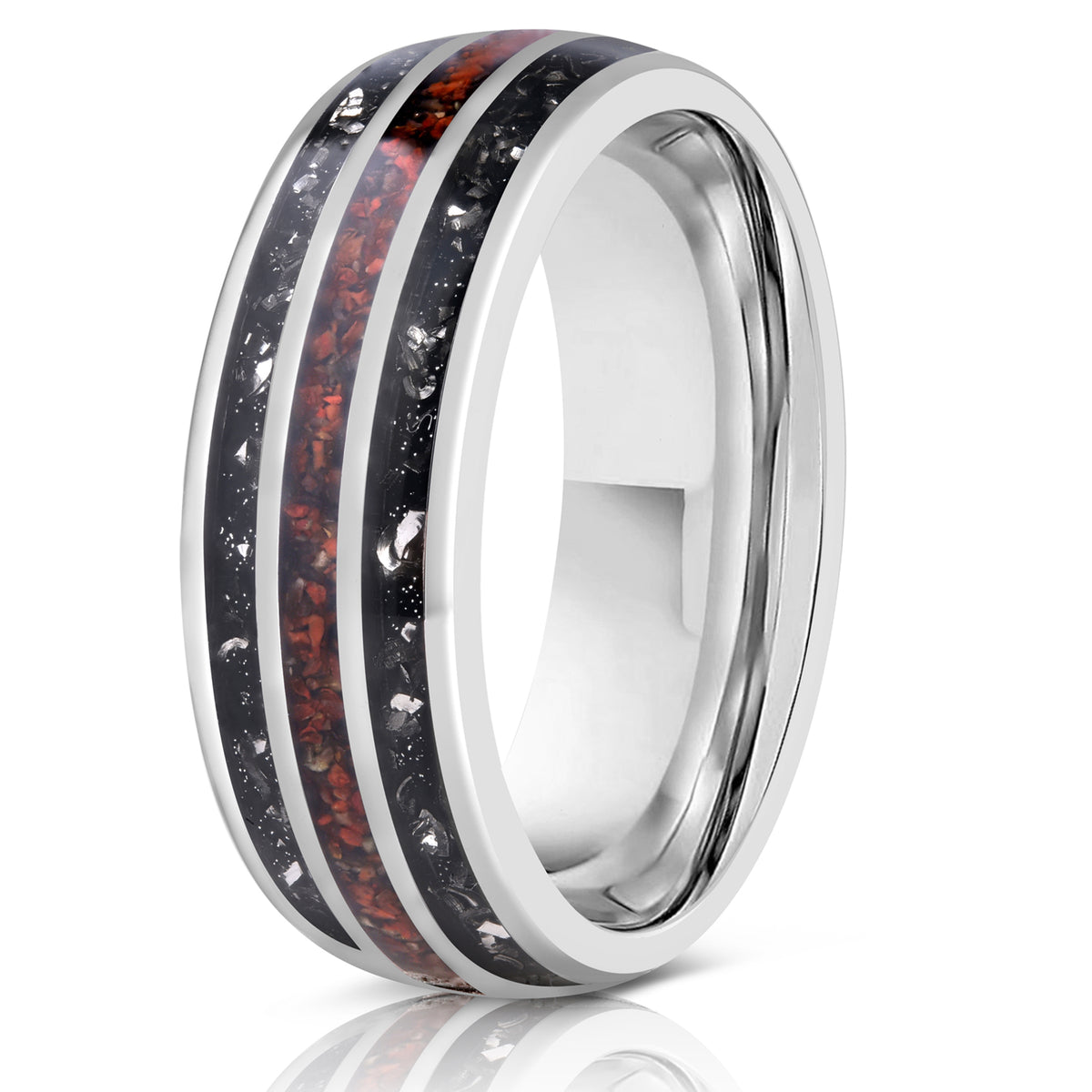 "Perseus" Silver Domed Tungsten Carbide Ring- Dinosaur Bones and Meteorite- 6mm/8mm