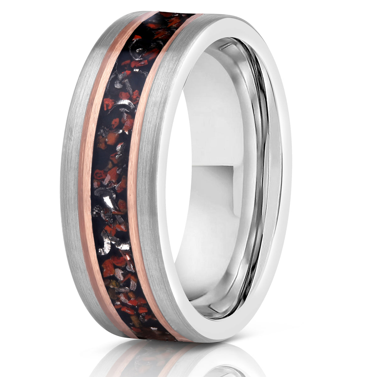 "Perseus" Silver/Rose Flat Tungsten Carbide Ring- Dinosaur Bones and Meteorite- Grey/Rose- 6mm/8mm