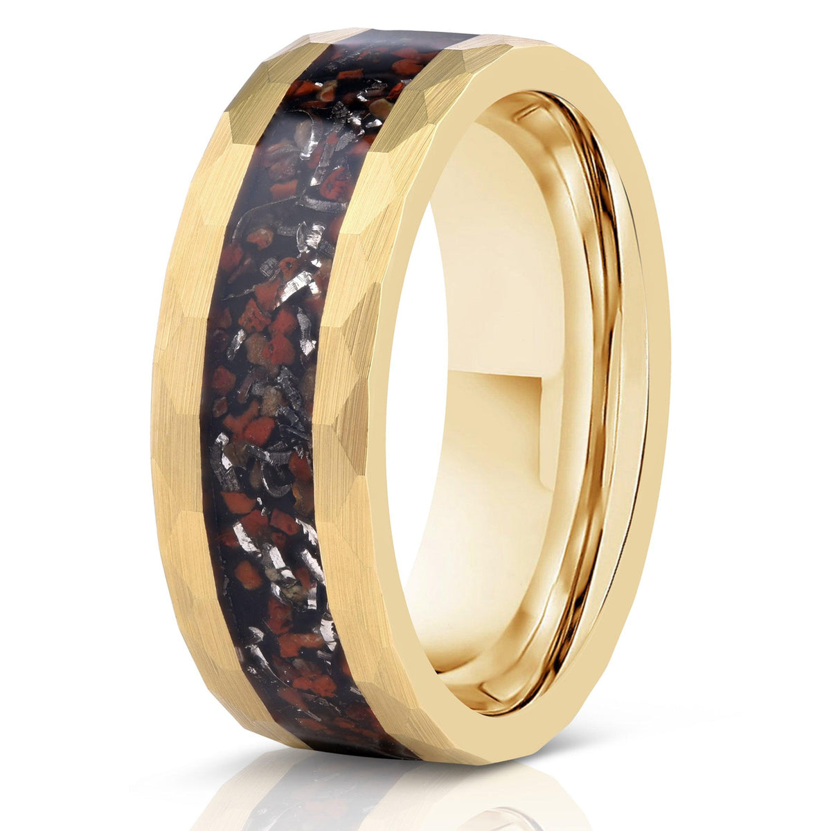 "Perseus" Yellow Gold Hammered Tungsten Carbide Ring- Dinosaur Bones and Meteorite- 6mm/8mm