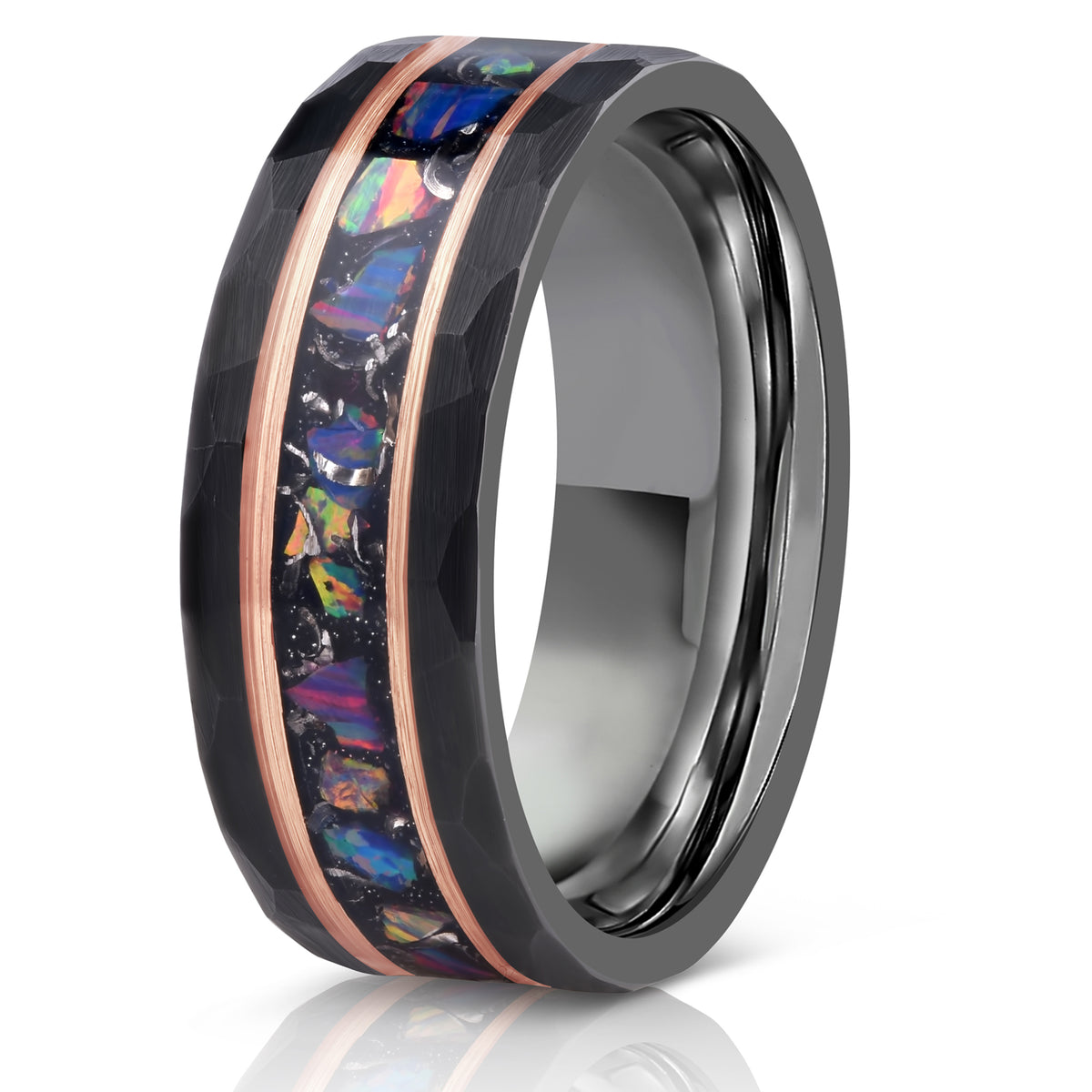 "Zeus" Hammered Tungsten Carbide Ring- Meteorite and Opal- Black/Rose- 6mm/8mm