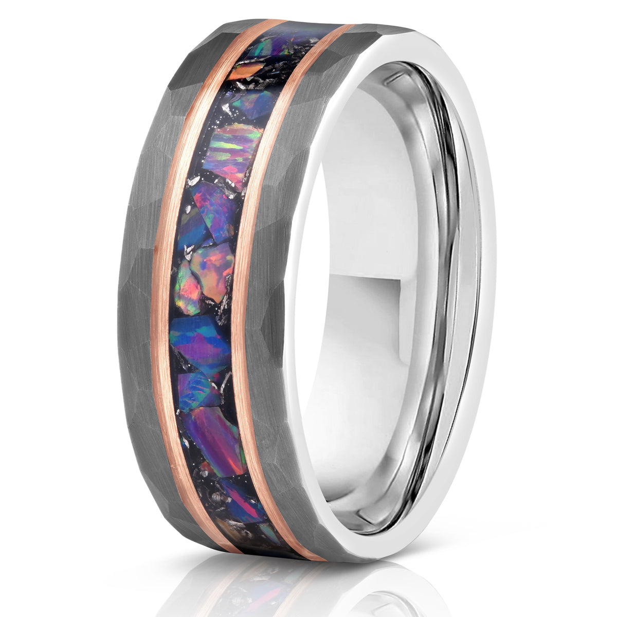 "Zeus" Hammered Tungsten Carbide Ring- Meteorite and Opal- Grey/Rose- 6mm/8mm
