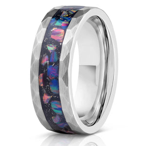 "Zeus" Hammered Tungsten Carbide Ring- Meteorite and Opal- Silver- 6mm/8mm