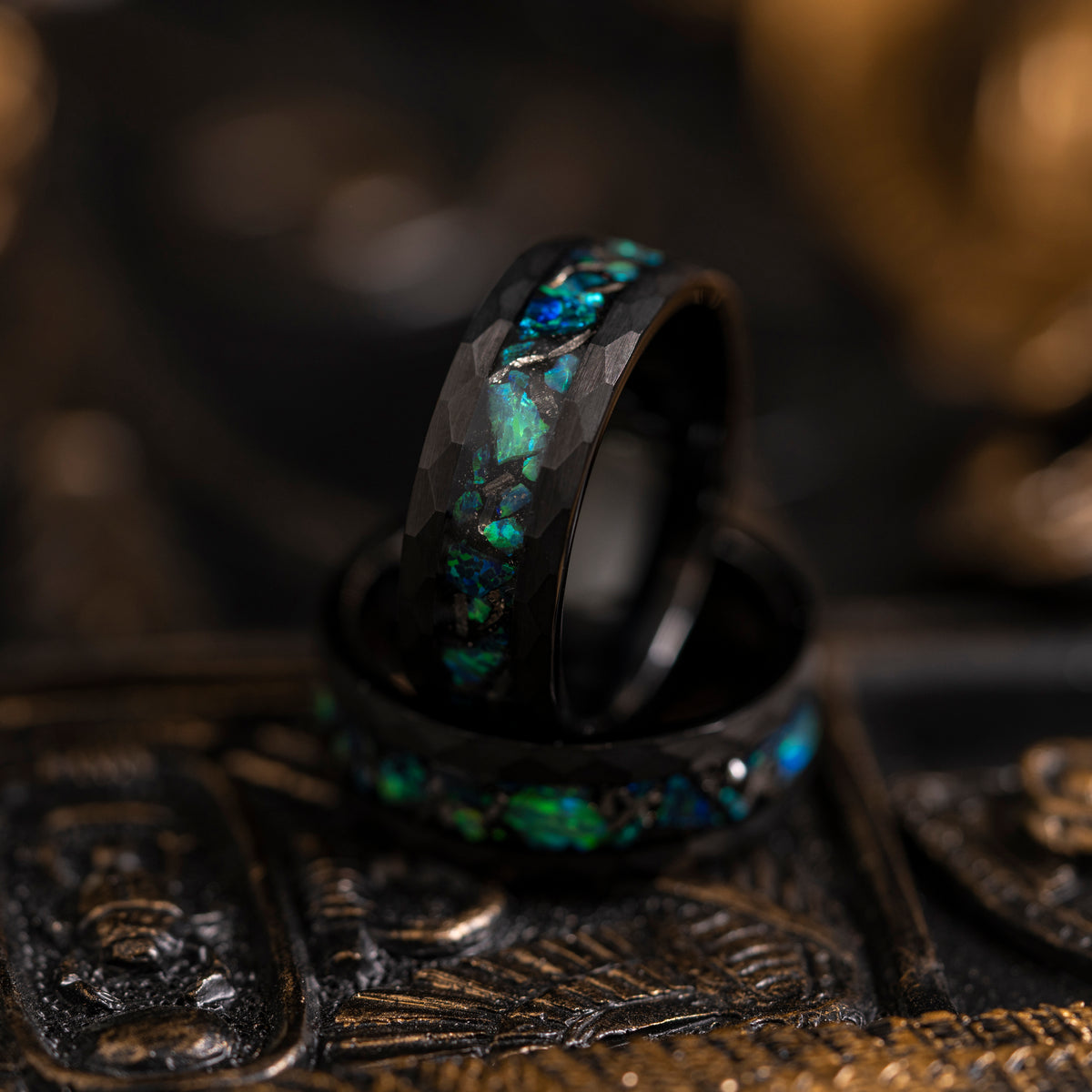 &quot;Zeus&quot; Hammered Tungsten Carbide Ring- Meteorite and Emerald Opal- Black- 8mm