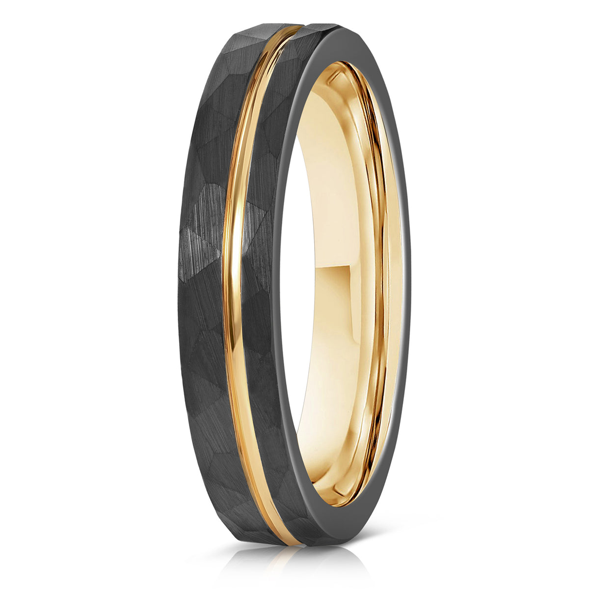 "Zeus" Womens Hammered Tungsten Carbide Ring- Black w/ Yellow Gold Strip- 4mm