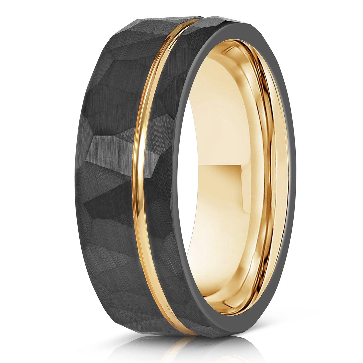 "Zeus" Hammered Tungsten Carbide Ring- Black w/ Yellow Gold Strip- 6mm/8mm