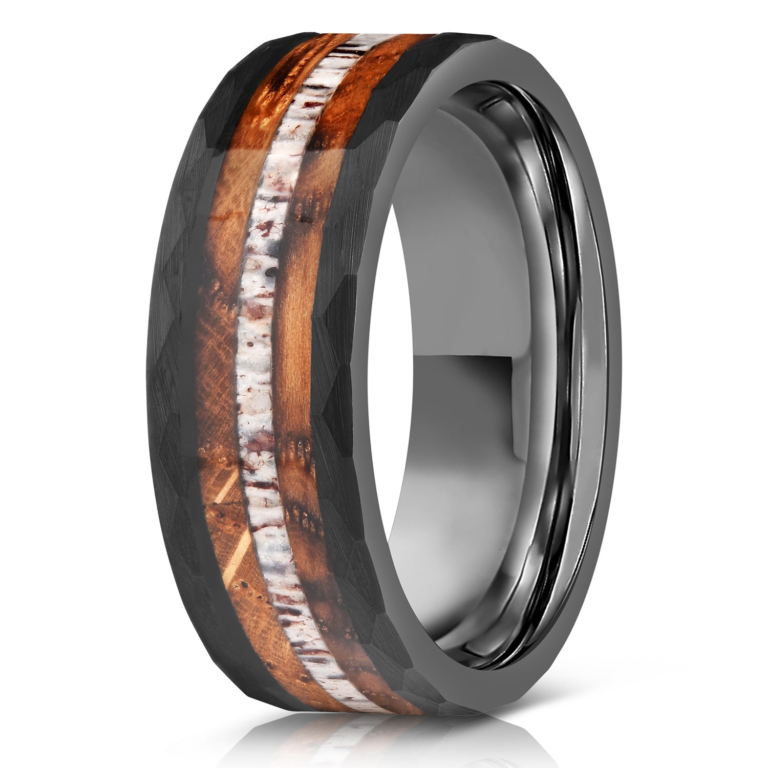 "Zeus" Hammered Ring- Black with Charred Whiskey Barrel and Antler - 6mm/8mm