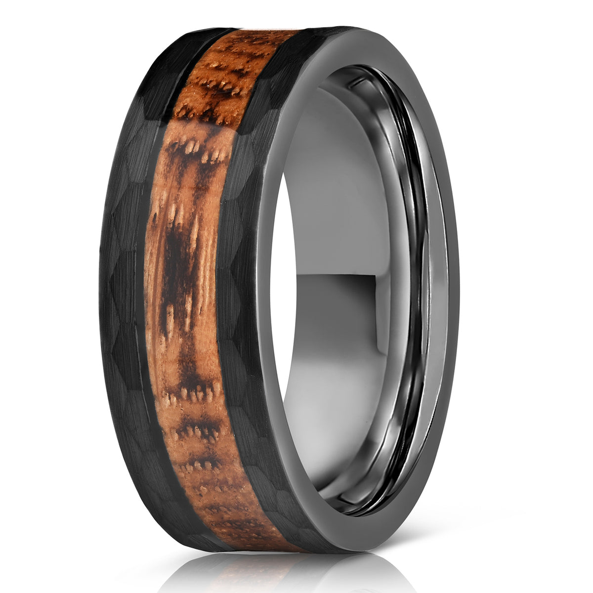 "Zeus" Hammered Tungsten Carbide Ring- Black with Charred Whiskey Barrel