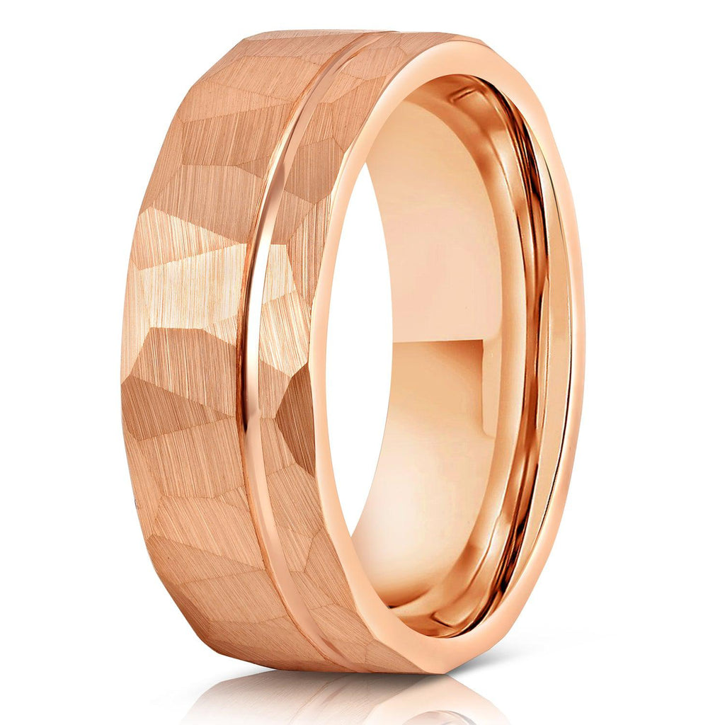 Zeus Hammered Tungsten Carbide Ring- Black w/ Rose Gold Strip- 6mm/8mm 8mm / 13.5