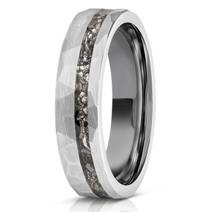 "Zeus" Hammered Tungsten Carbide Ring- Womens Silver w/ Meteorite- 5mm