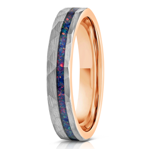 "Zeus" Womens Hammered Tungsten Carbide Ring- White Gold w/ Galactic Opal Inlay- 4mm