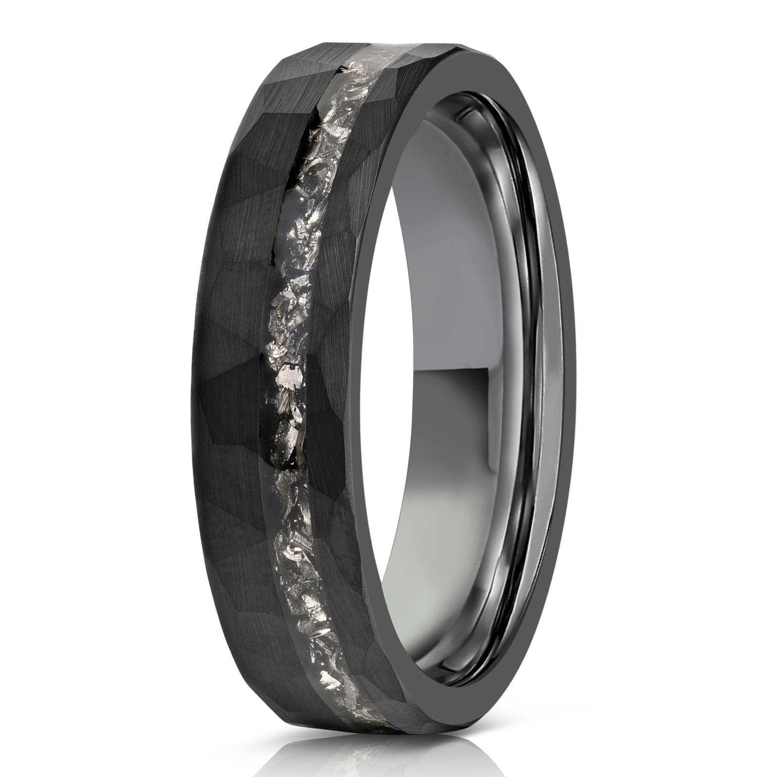 Magnificent Polished Black Tungsten Low Dome Ring with Bright Blue Real  Fishing Line Between Whiskey Barrel Oak Wood and Deer Antler Inlays.