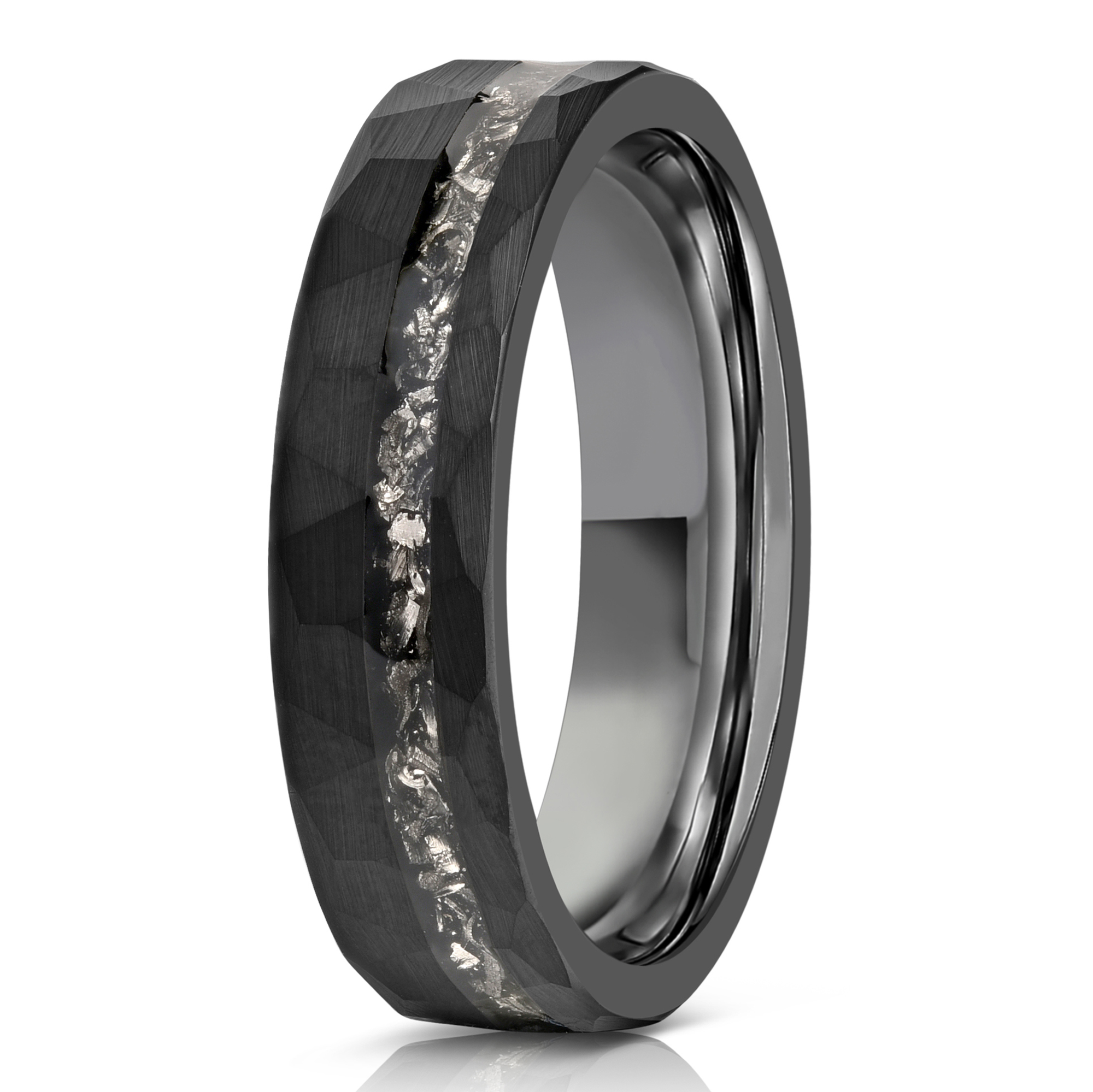"Zeus" Hammered Tungsten Carbide Ring- Womens Black w/ Meteorite- 5mm