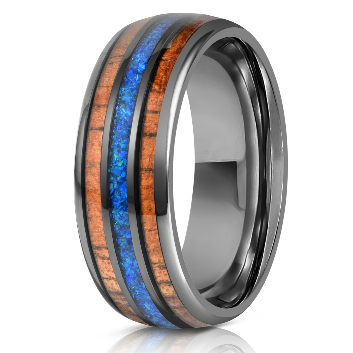 "Dionysus"  Whisky Barrel x Blue Opal Gunmetal Tungsten Ring