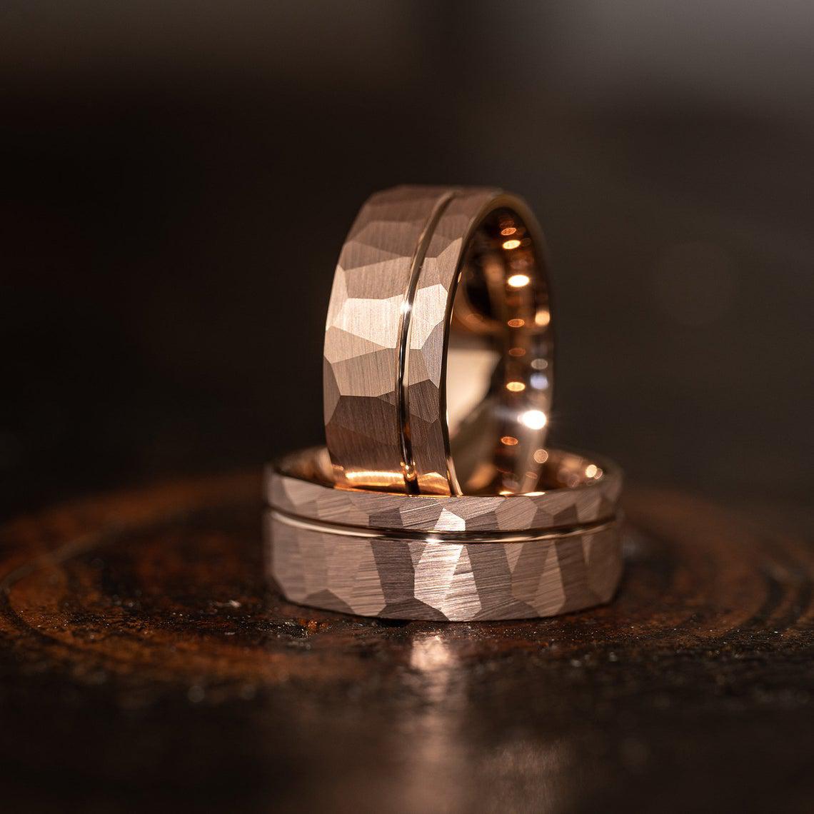 &quot;Zeus&quot; Hammered Tungsten Carbide Ring- Flat with Rose Gold Strip- 6mm/8mm