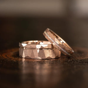 "Zeus" Hammered Tungsten Carbide Ring- Flat with Rose Gold Strip- 6mm/8mm