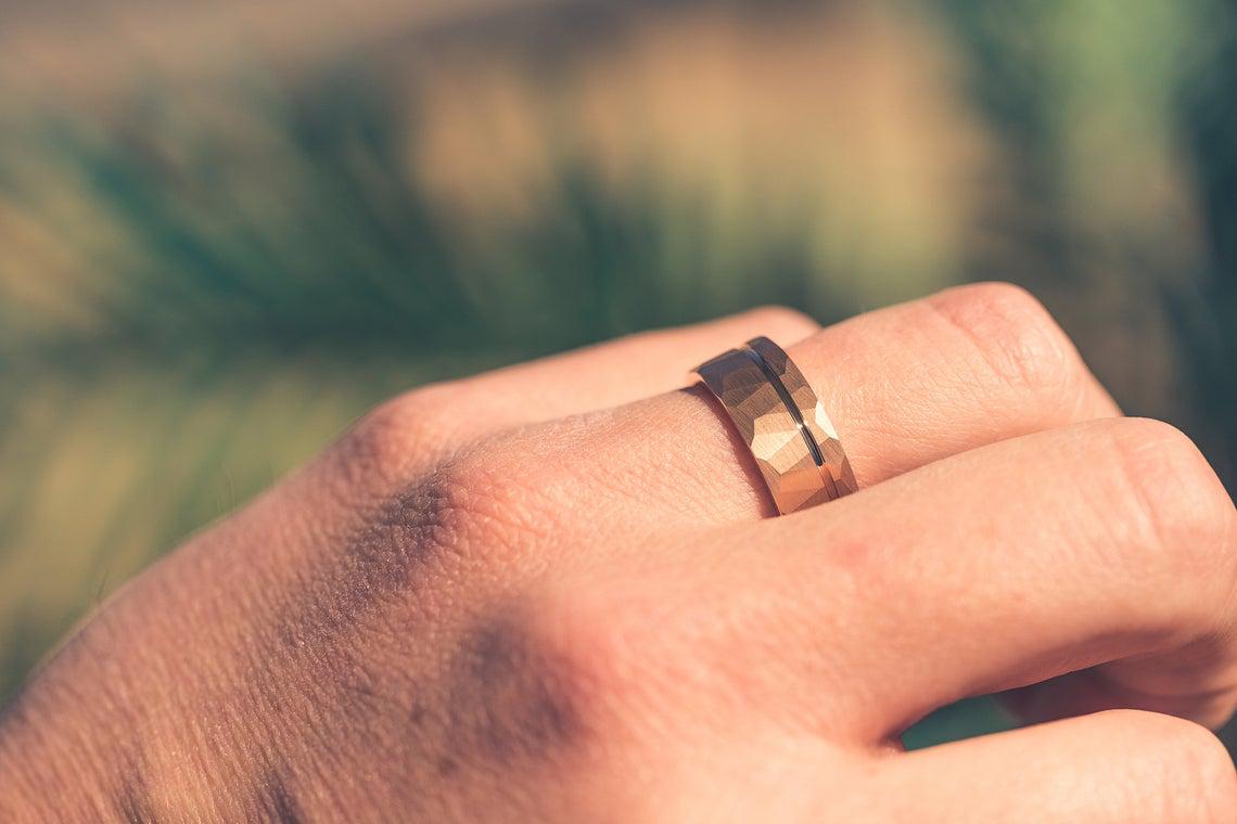 "Zeus" Hammered Tungsten Carbide Ring- Flat with Rose Gold Strip- 6mm/8mm