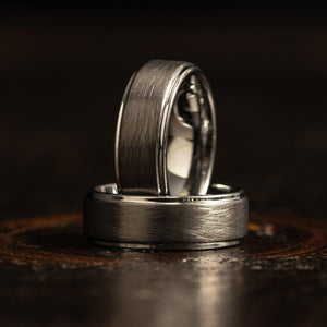"Aries" Silver Tungsten Carbide Ring- Flat with Brushed Gunmetal Center- 8mm