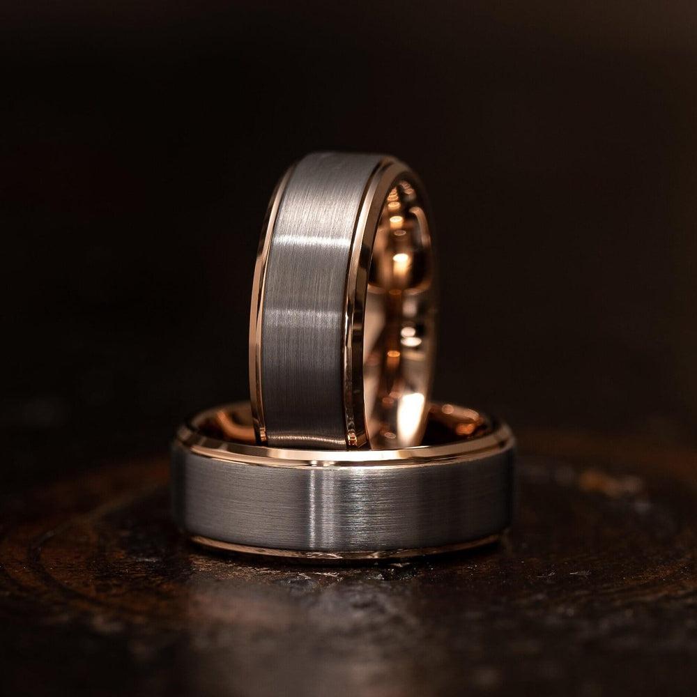 &quot;Apollo&quot; Tungsten Carbide Ring- White Gold w/ Rose Gold Strip- 8mm-Rings By Lux