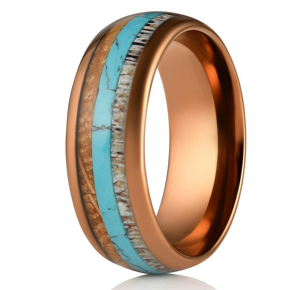 "Dionysus" Whisky Barrel x Turquoise x Naturally Shed Antler Rose Gold Ring- Domed-Rings By Lux