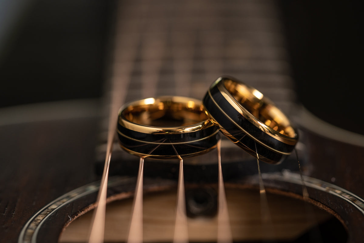 "Celtic Melody"  Irish Bog Wood x Guitar String Ring- Yellow Gold Tungsten