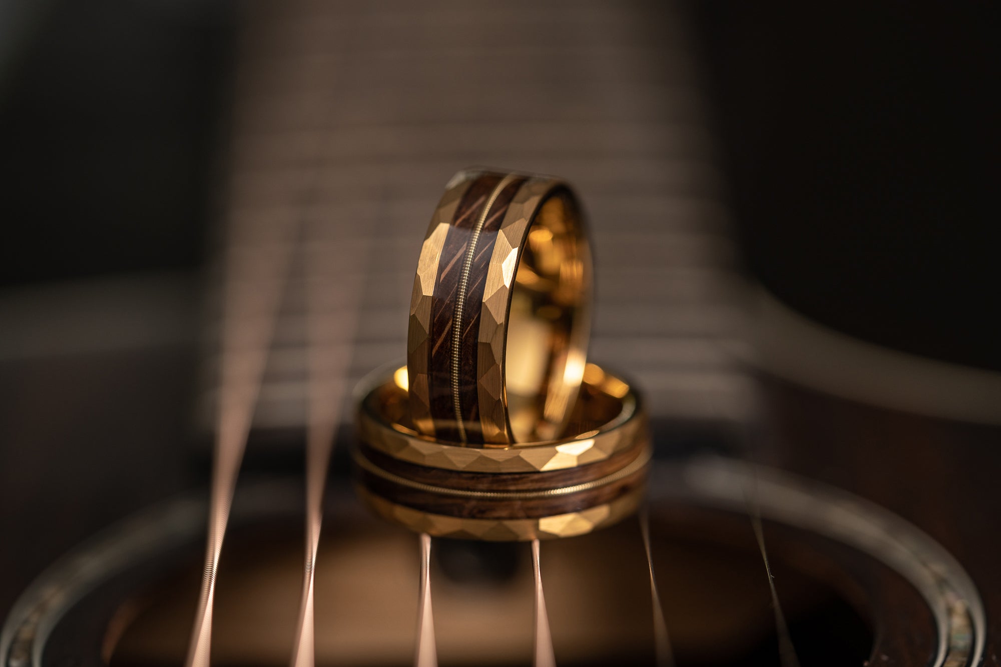 "Rhythm & Whiskey"  Whiskey Barrel Wood x Guitar String Ring- Yellow Gold Hammered Tungsten
