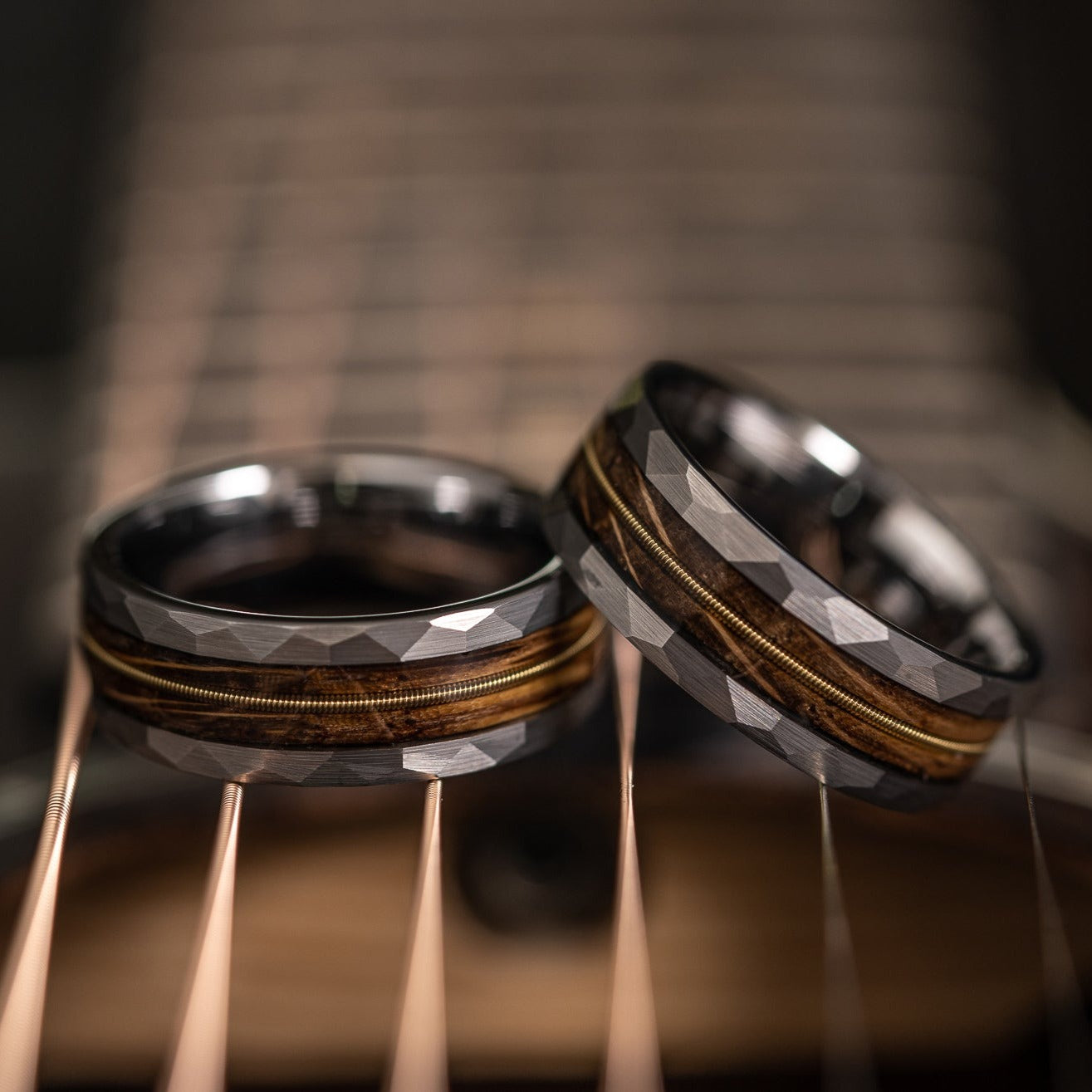 "Rhythm & Whiskey"  Whiskey Barrel Wood x Guitar String Ring- Silver Hammered Tungsten