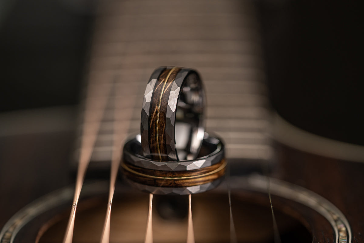"Rhythm & Whiskey"  Whiskey Barrel Wood x Guitar String Ring- Silver Hammered Tungsten