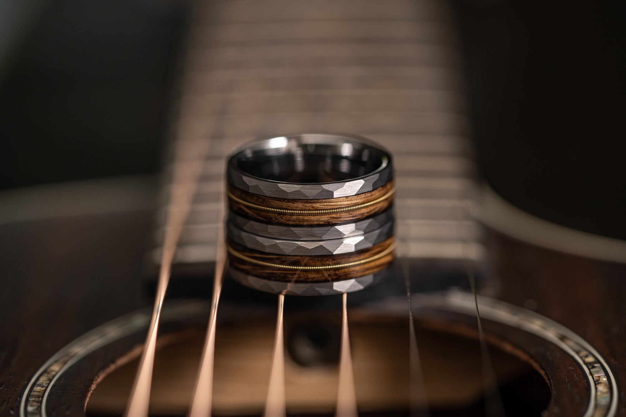 "Rhythm & Whiskey"  Whiskey Barrel Wood x Guitar String Ring- Silver Hammered Tungsten