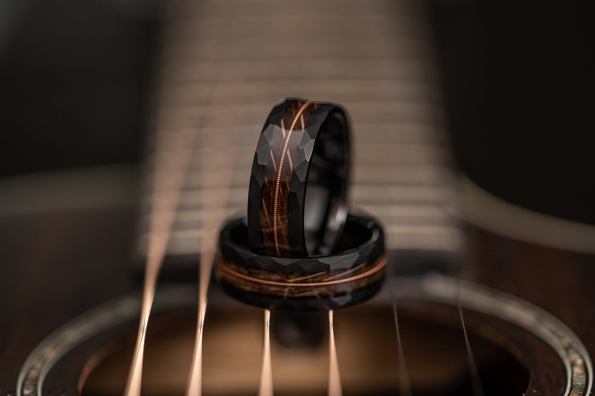 "Rhythm & Whiskey"  Whiskey Barrel Wood x Guitar String Ring- black Hammered Tungsten