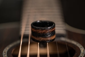 "Rhythm & Whiskey"  Whiskey Barrel Wood x Guitar String Ring- black Hammered Tungsten