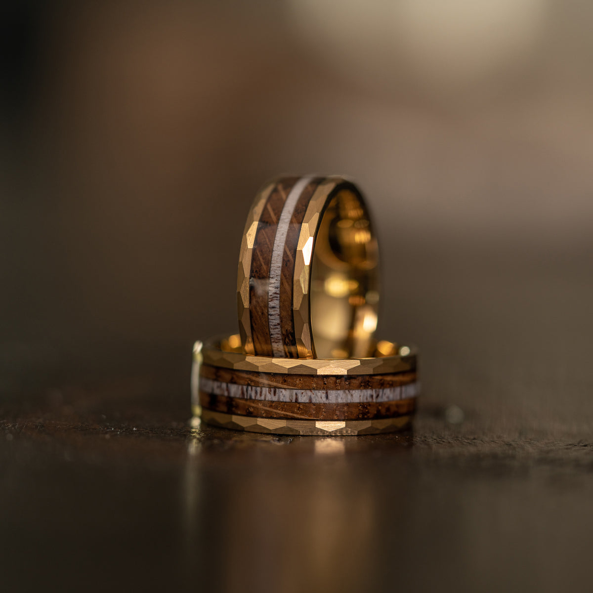 &quot;Zeus&quot; Hammered Ring-  with Charred Whiskey Barrel and Antler - Yellow Gold Tungsten- 6mm/8mm