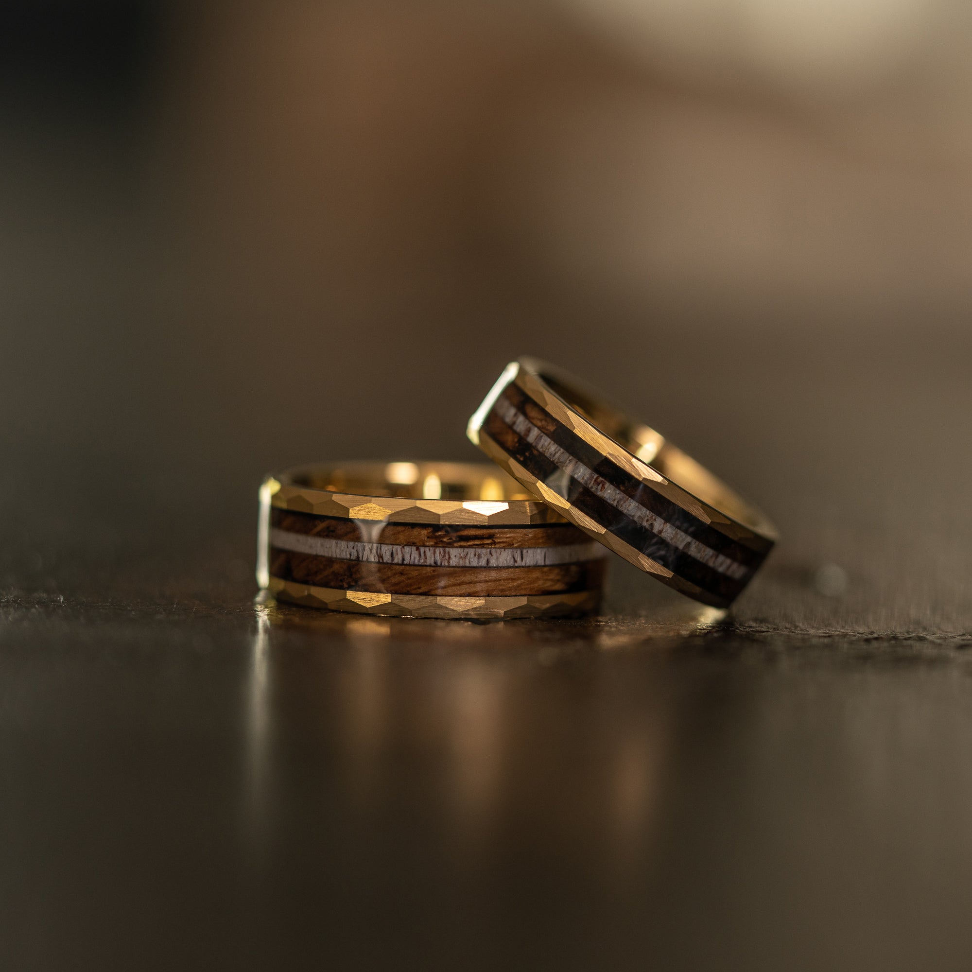 "Zeus" Hammered Ring-  with Charred Whiskey Barrel and Antler - Yellow Gold Tungsten- 6mm/8mm