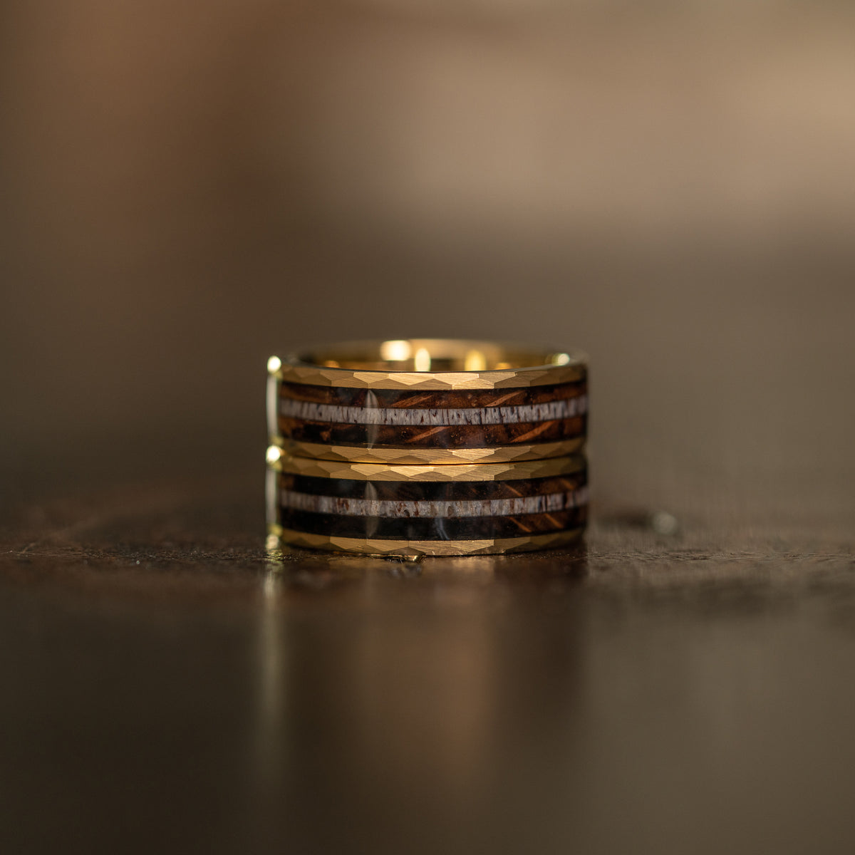 "Zeus" Hammered Ring-  with Charred Whiskey Barrel and Antler - Yellow Gold Tungsten- 6mm/8mm