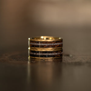 "Zeus" Hammered Ring-  with Charred Whiskey Barrel and Antler - Yellow Gold Tungsten- 6mm/8mm