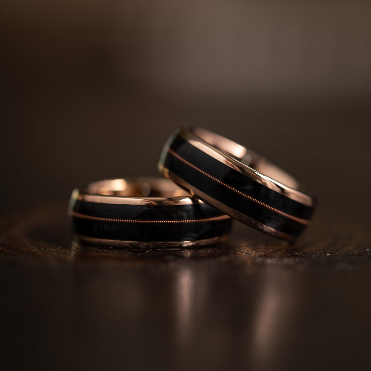 "Celtic Melody"  Irish Bog Wood x Guitar String Ring- Rose Gold Tungsten