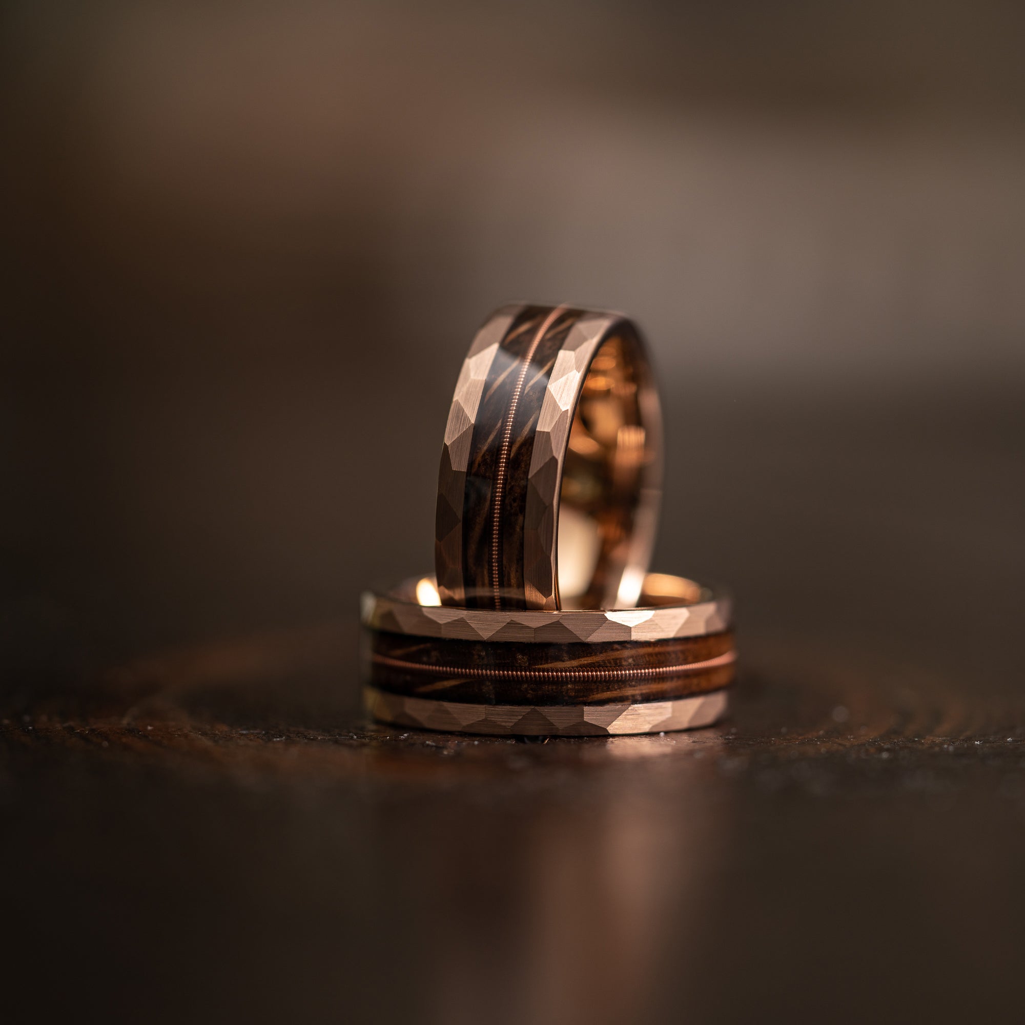 "Rhythm & Whiskey"  Whiskey Barrel Wood x Guitar String Ring- Rose Gold Hammered Tungsten