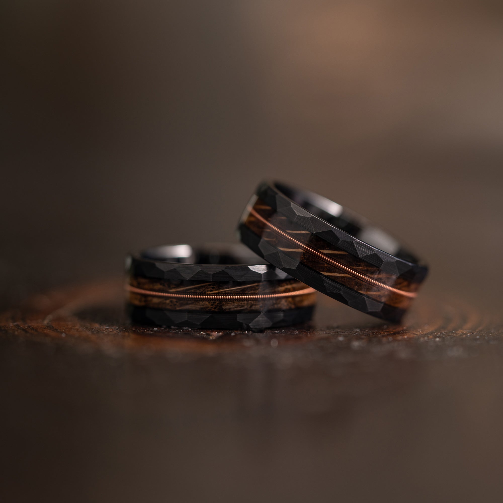 "Rhythm & Whiskey"  Whiskey Barrel Wood x Guitar String Ring- black Hammered Tungsten