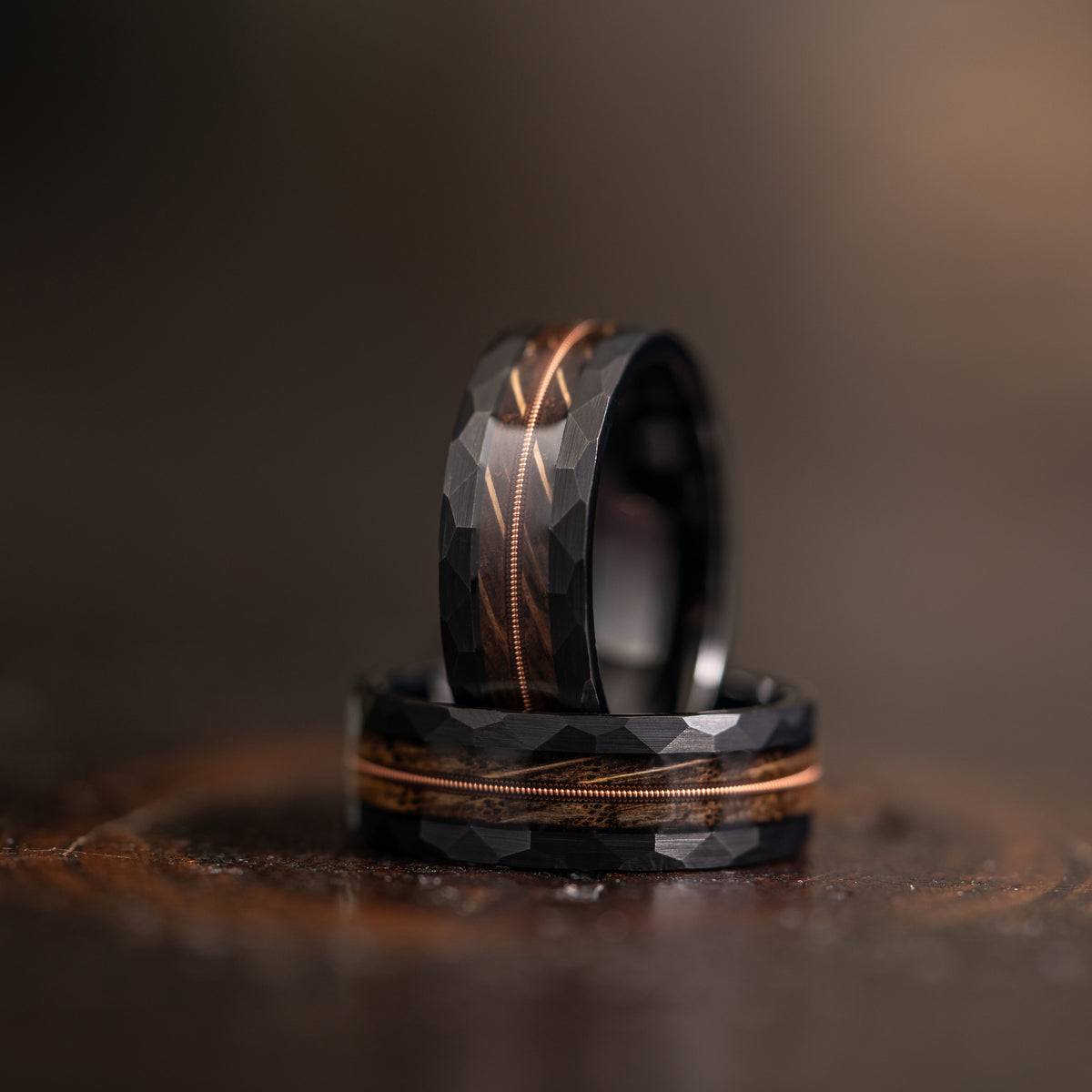 "Rhythm & Whiskey"  Whiskey Barrel Wood x Guitar String Ring- black Hammered Tungsten