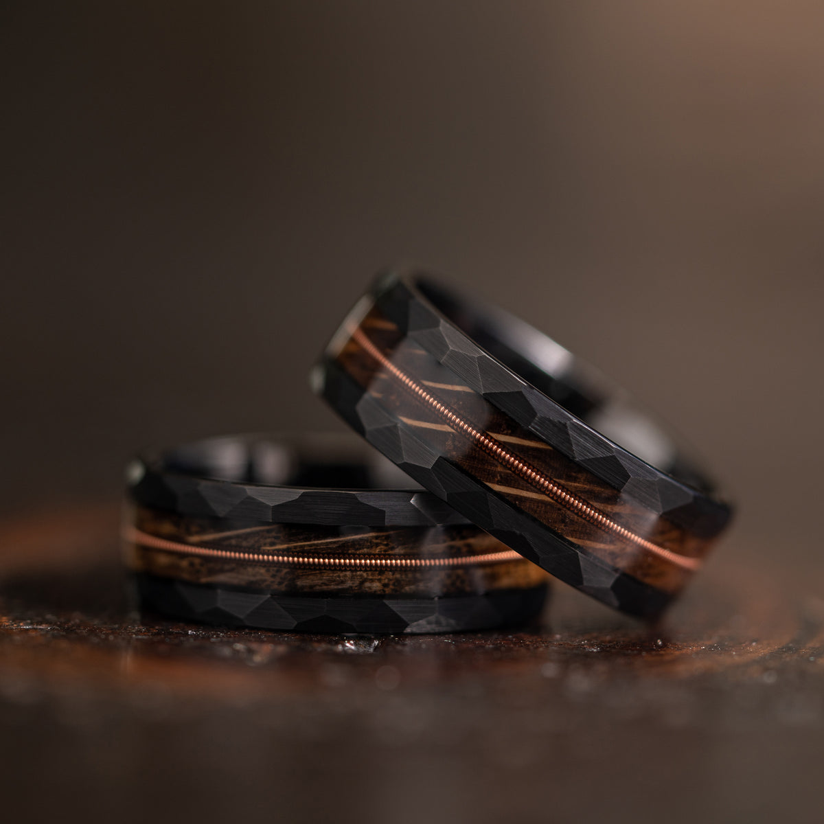 "Rhythm & Whiskey"  Whiskey Barrel Wood x Guitar String Ring- black Hammered Tungsten