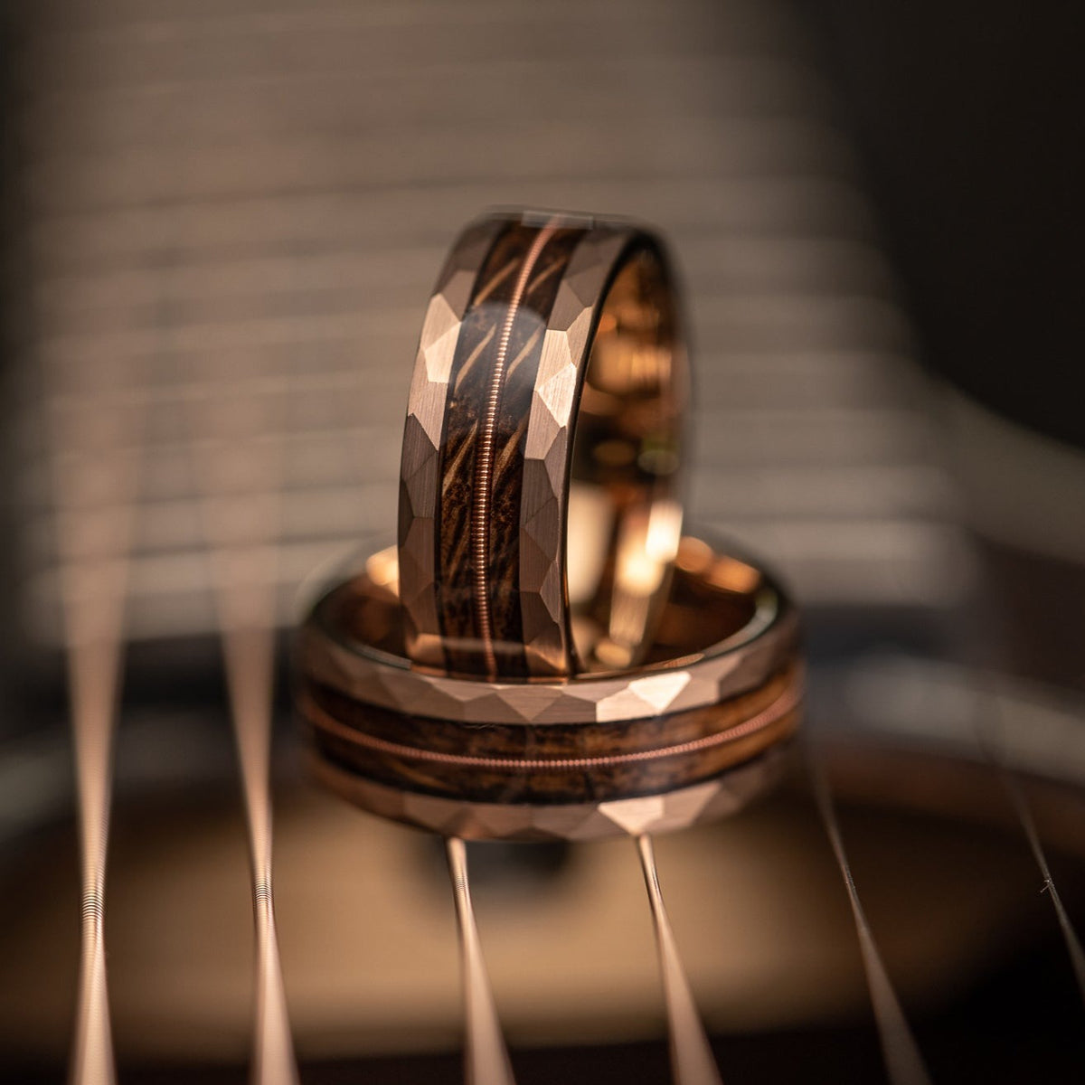 &quot;Rhythm &amp; Whiskey&quot;  Whiskey Barrel Wood x Guitar String Ring- Rose Gold Hammered Tungsten