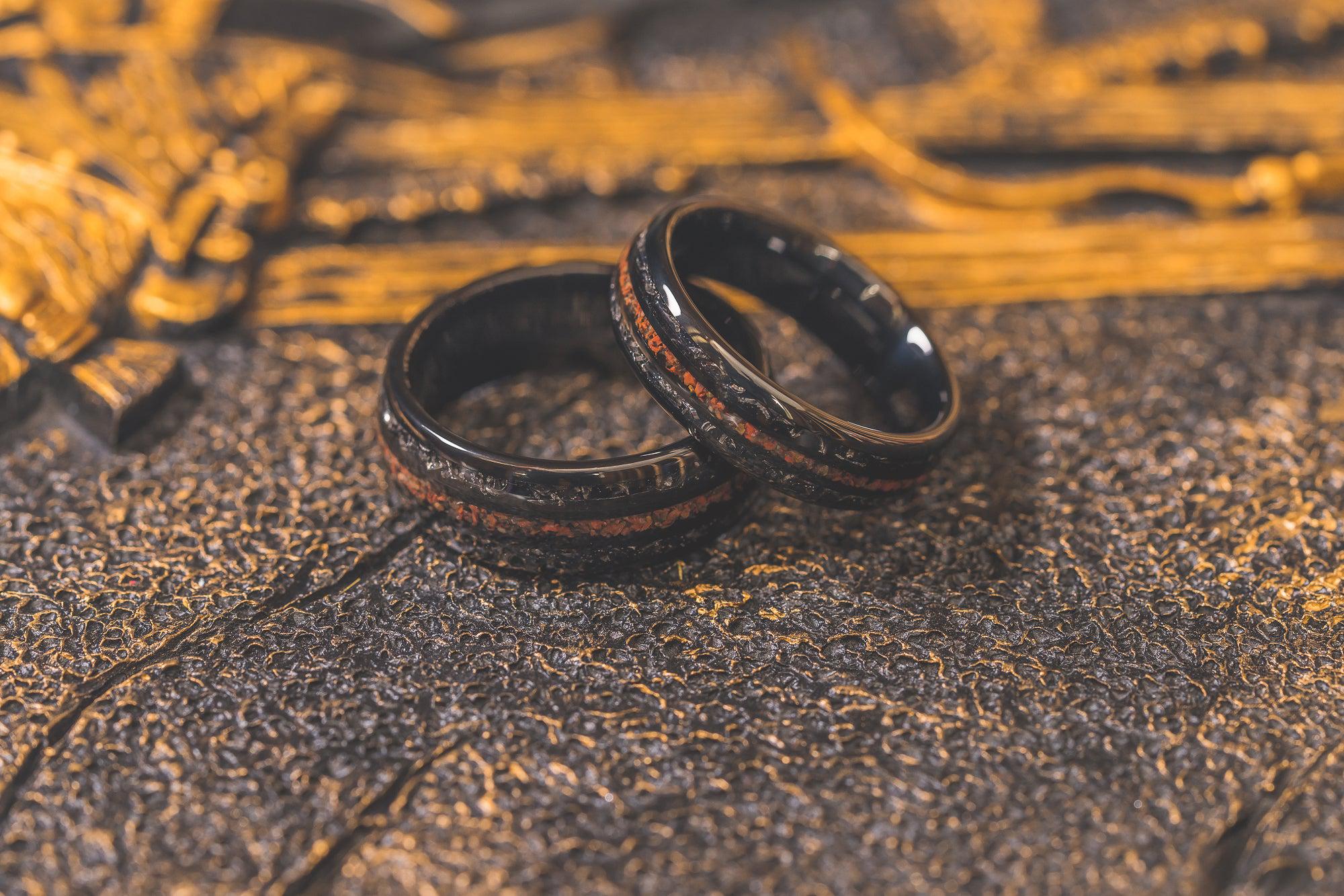 "Perseus" Black Domed Tungsten Carbide Ring- Dinosaur Bones and Meteorite- 6mm/8mm