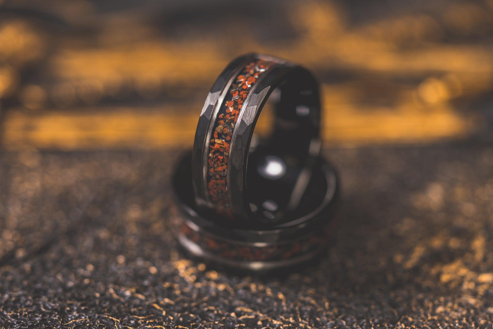 "Perseus" Black/Silver Hammered Tungsten Carbide Ring- Dinosaur Bones and Meteorite- 6mm/8mm