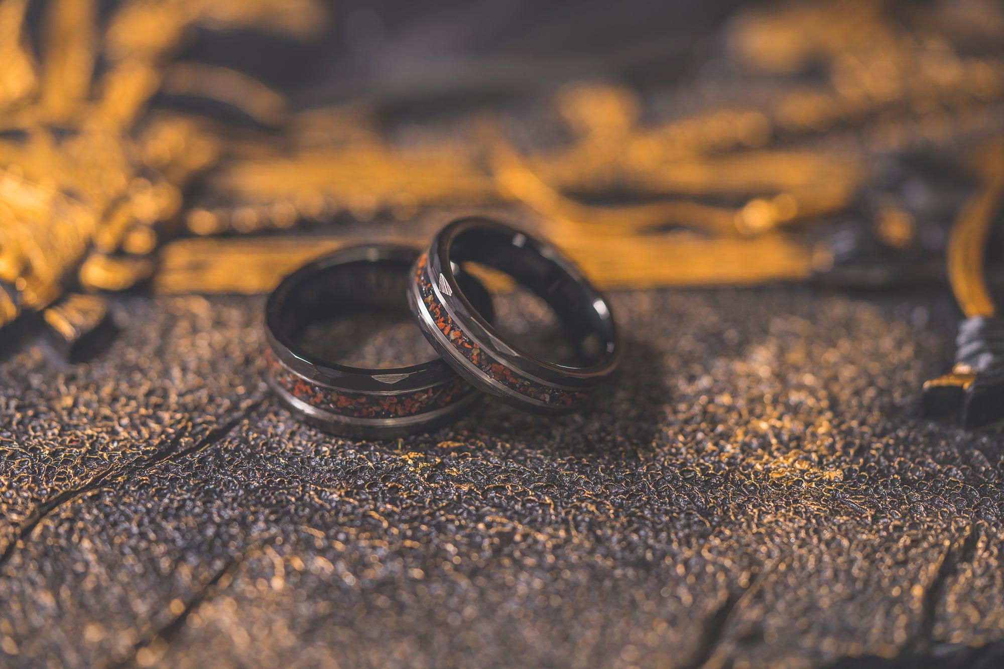 "Perseus" Black/Silver Hammered Tungsten Carbide Ring- Dinosaur Bones and Meteorite- 6mm/8mm