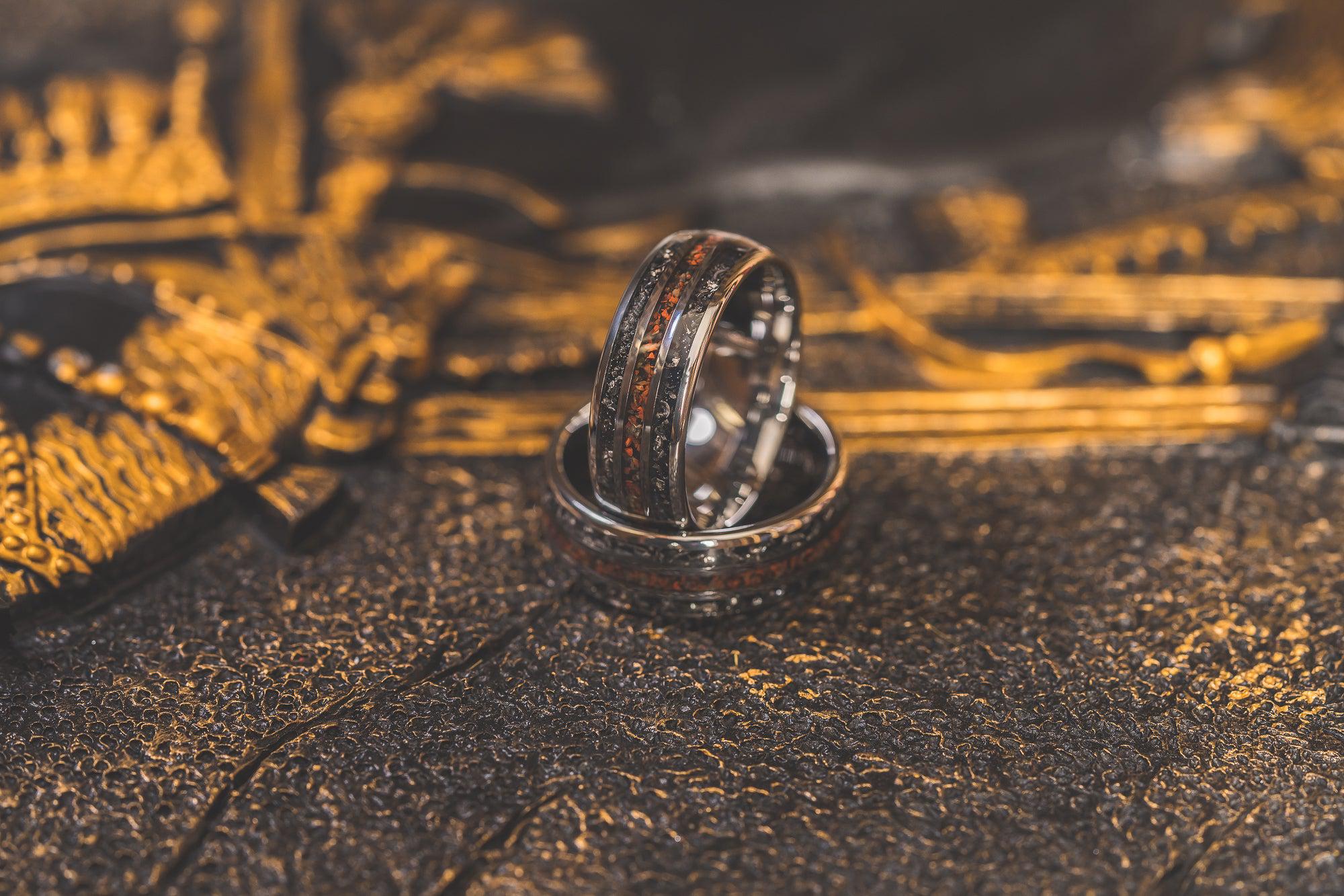 "Perseus" Silver Domed Tungsten Carbide Ring- Dinosaur Bones and Meteorite- 6mm/8mm