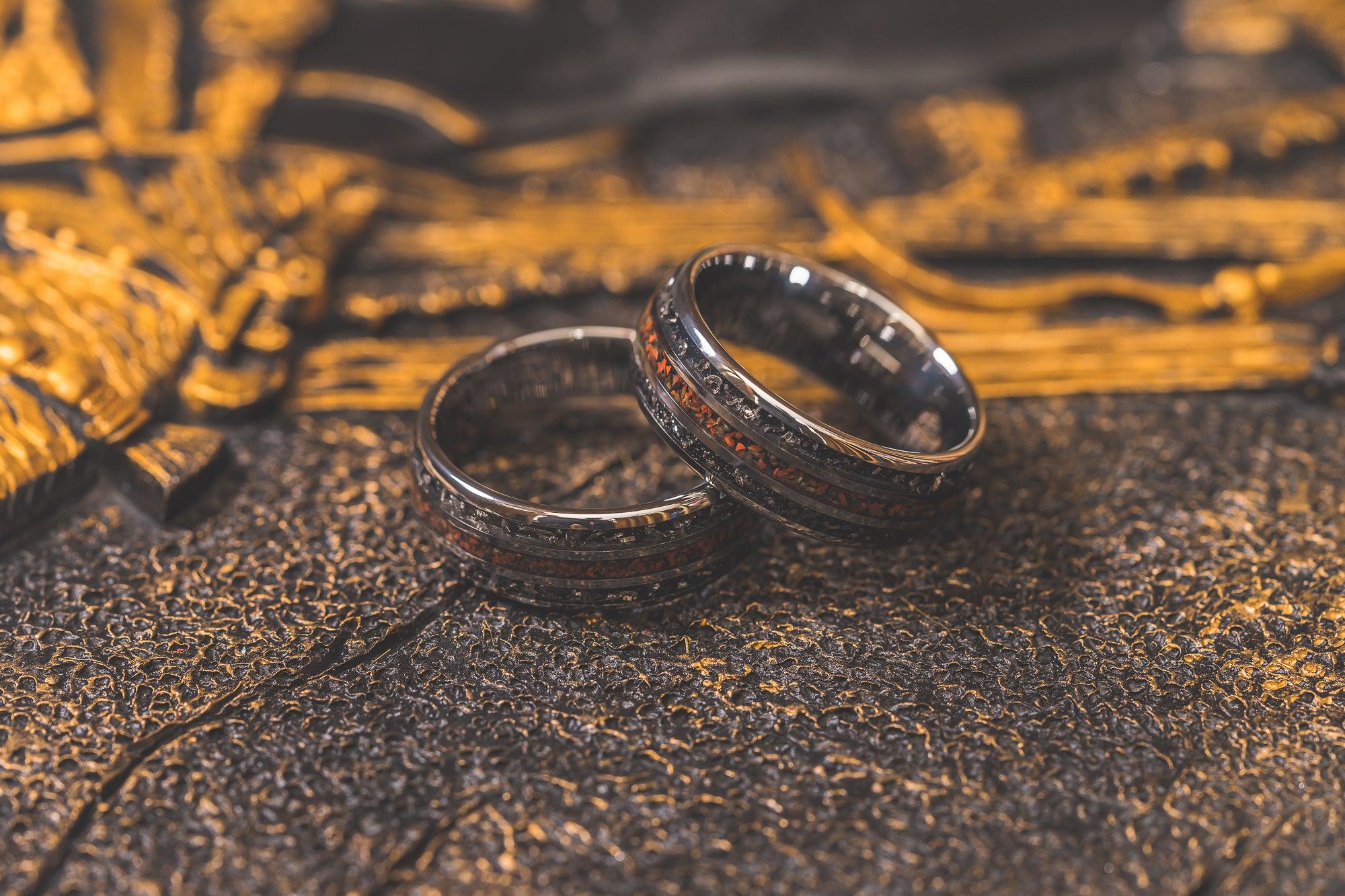 "Perseus" Silver Domed Tungsten Carbide Ring- Dinosaur Bones and Meteorite- 6mm/8mm