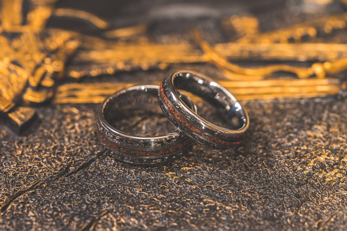 "Perseus" Silver Domed Tungsten Carbide Ring- Dinosaur Bones and Meteorite- 6mm/8mm