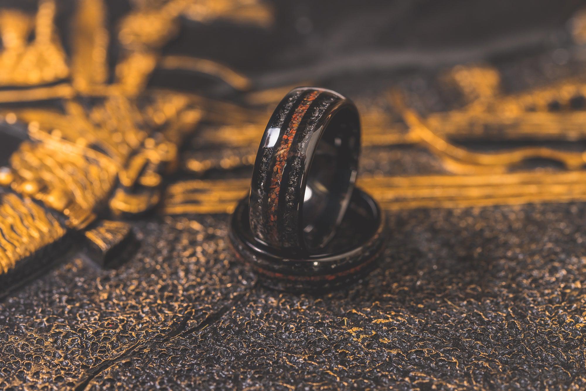 "Perseus" Black Domed Tungsten Carbide Ring- Dinosaur Bones and Meteorite- 6mm/8mm